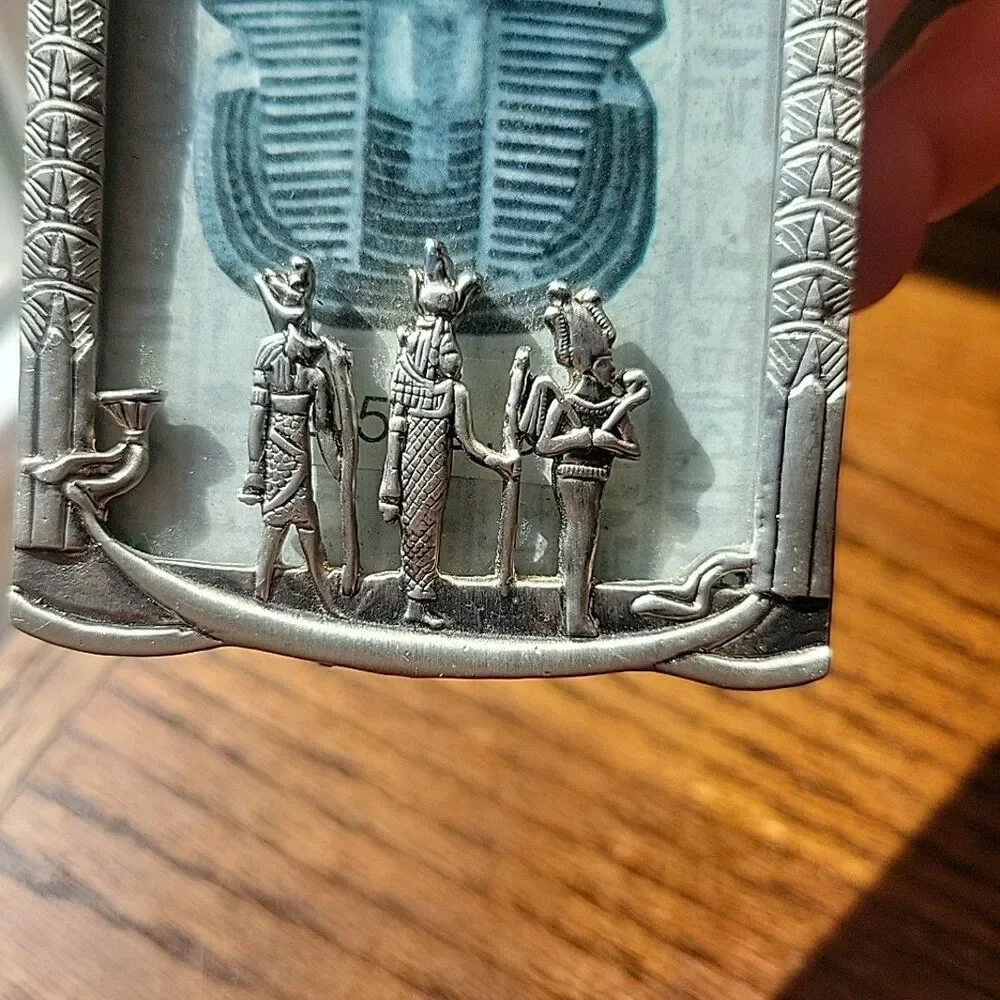 Vtg Egyptian Art Deco miniature photo frame Gods Hieroglyphs Silver 2.5x3.5